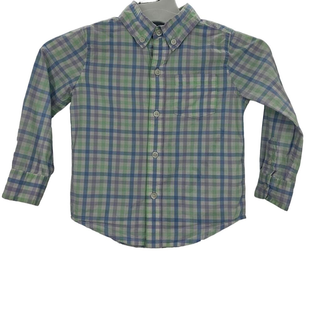 Janie and Jack Toddler Boys size 2T Button Up LS Plaid Shirt Cotton Purple Green